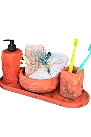 betonmall 4-Piece Terracotta Series Marble Patterned Concrete Bathroom Set Toilet Wc Liquid Soap Dispenser Toothbrush Holder Set