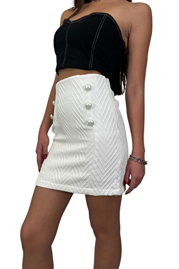 Sinhan Women's Button Detailed Lined Patterned Winter Mini Skirt - White