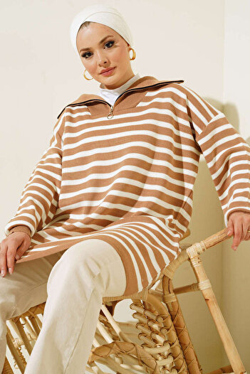 benguen 11020-03 Ριγέ Πλεκτό Tunic Mink με γιακά με φερμουάρ
