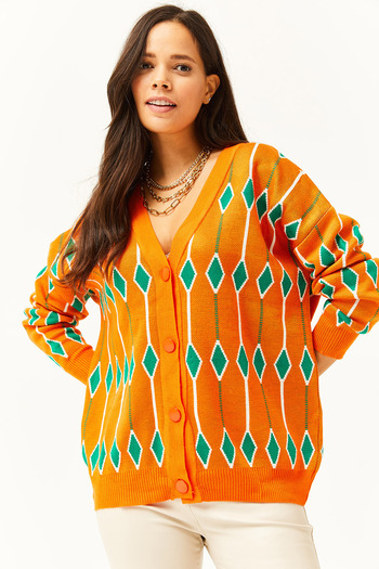 Olalook Women's Orange Baklava Patterned Oversize Knit Cardigan HRK-19000244