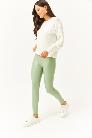 Olalook Women's Green High Waist Leather Look Leggings with Fleece Inside TYT-19000040
