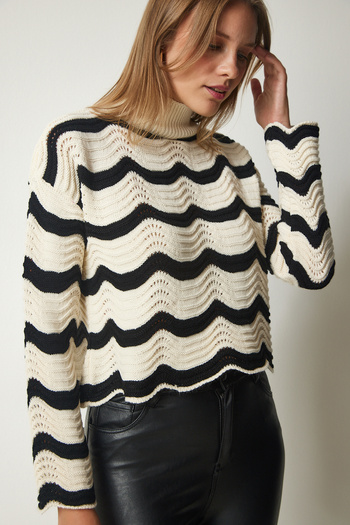 Happiness İstanbul Pulover de damă, cu model crem, tricotaj, CI00096