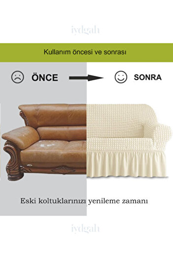 IYDGAH Bürümcük 3lü Koltuk Örtüsü Likralı Lastikli Burumcuk Kanepe Çekyat Kılıfı 1 Adet Üçlü Krem Renk