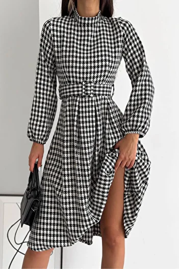 Neşeli Butik women's houndstooth print midi dress with belt KKLF39