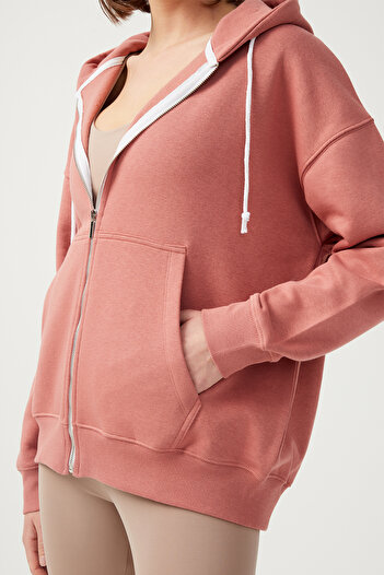 Los Ojos Γυναικείο μπλουζάκι Dusty Rose White Hooded Πλεκτό Φούτερ με φερμουάρ Oversize με ριμπ φερμουάρ