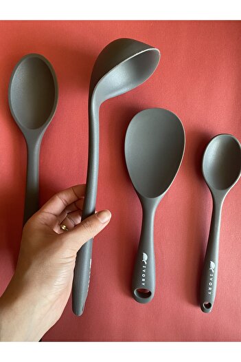 Multiamo Sert Uçlu Isıya Dayanıklı Yanmaz Yapışmaz Silikon Kaşık Seti 4 Parça 28cm/22cm/20cm Kaşık 28cm Kepçe