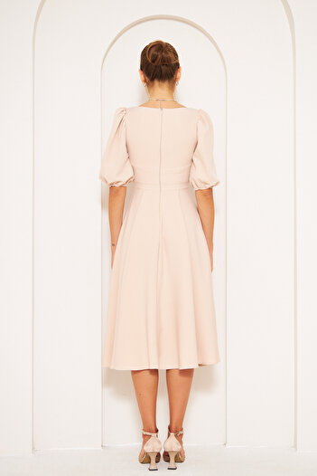 lovebox Flexible Fabric Square Neck Short Sleeve Midi Length Flared Plus Size Cream Evening Dress 420