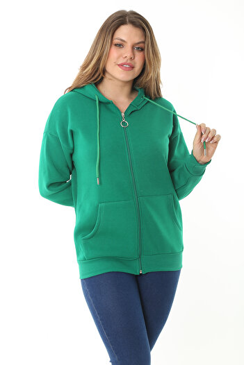 Şans Women's Large Size Green Raised Inside 3 Thread Front Zipper Hooded Sweatshirt 65N37114