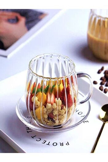 hediyeofisi 300 ml Striped Patterned Heat Resistant Glass Mug Cup with Handle Coffee Bead Cup Grape Cup