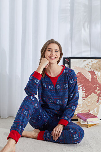 Siyah İnci Patterned Bottom-Top Polar Pajama Set