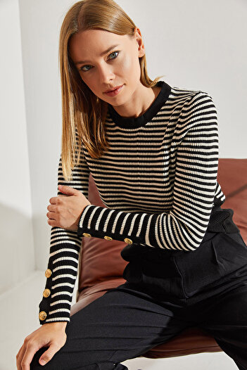 Bianco Lucci Women's Buttoned Sleeves Striped Knitwear Sweater