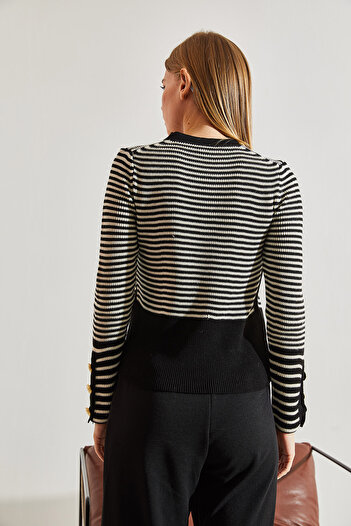 Bianco Lucci Women's Buttoned Sleeves Striped Knitwear Sweater
