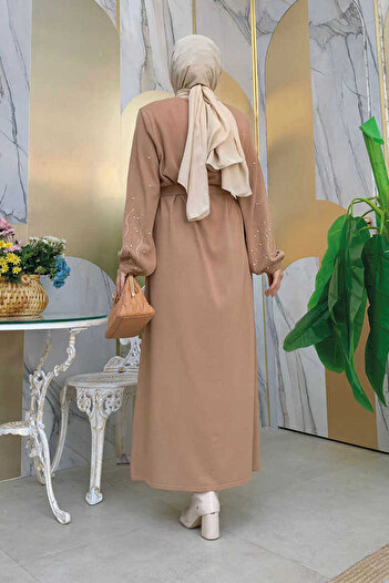 Bym Fashion Taş İşleme Detay Kol Manşetleri Lastikli Triko Elbise 23318 Taba