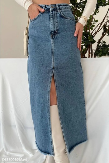 MEECY Denim Fabric Tasseled Snow Wash Midi Skirt