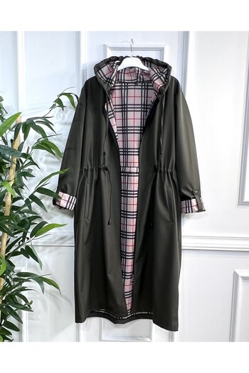 Aşkı Endam October Intermediate Double Sleeve Plaid Patterned Bondit Hooded Trench Khaki