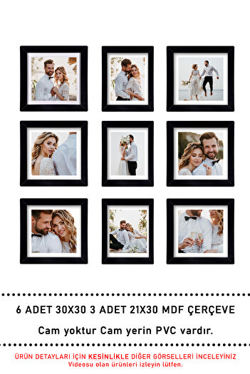 yhfoto 9 Pieces of Frame - Multiple MDF Frames - 6 Pieces of 30x30 - 3 Pieces of 21x30 Black Photo Frame