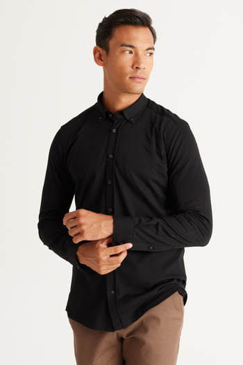 ALTINYILDIZ CLASSICS Μαύρο Slim Fit Πικέ Πλεκτό Πουκάμισο - Slim Fit, με κουμπιά γιακά