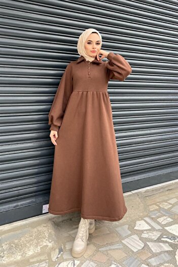 Şule Giyim Front Buttoned Three Thread Dress Brown
