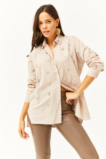 Olalook Women's Beige Collar and Jewelled Front Six Oval Woven Shirt GML-19001149