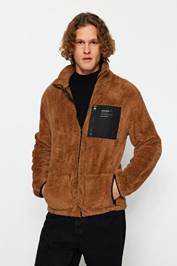 Trendyol Collection Unisex Καφέ βελούδινη ζακέτα - όρθιος γιακάς, φερμουάρ, κανονική εφαρμογή TMNAW24SW00089