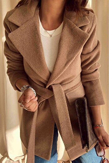 Lavanta Tekstil Coffee with Milk - Camel Belted Stash Jacket Coat