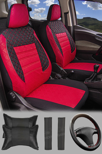 Modern Garaj Ford Connect, Focus, Fiesta, Escort Compatible Red Embossed Car Seat Embossed Sports Cover Set Size