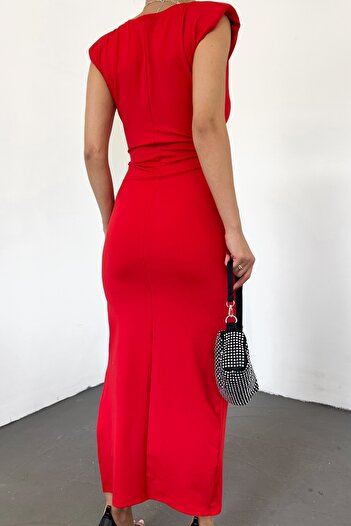 barış sülün lovebox Lycra Flexible Diving Fabric Midi Length Double Breasted Collar Padded Slit Detailed Red Evening Dress 5031