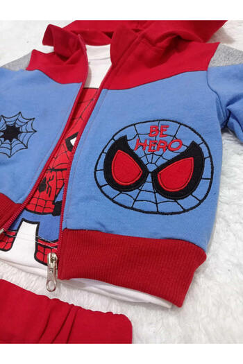 krm kerem bebe Baby Spider-Man Kapüşonlu Fermuarlı Hırkalı 3Lü Takım