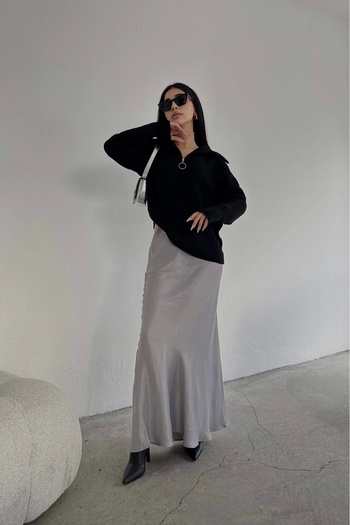 Eka Women's Gray Long Satin Skirt 0999-8115