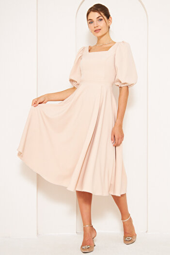 lovebox Flexible Fabric Square Neck Short Sleeve Midi Length Flared Plus Size Cream Evening Dress 420