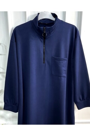 Aşkı Endam Asian Zipper Detailed Two Thread Combed Cotton Tunic - Navy Blue