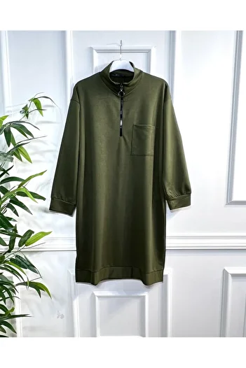 Aşkı Endam Asian Zipper Detailed Two Thread Combed Cotton Tunic - Khaki