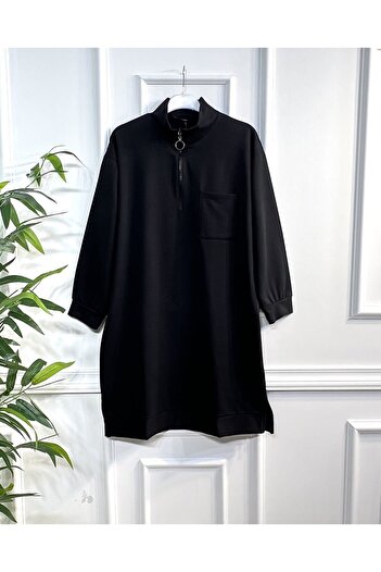 Aşkı Endam Asian Zipper Detailed Two Thread Combed Cotton Tunic - Black
