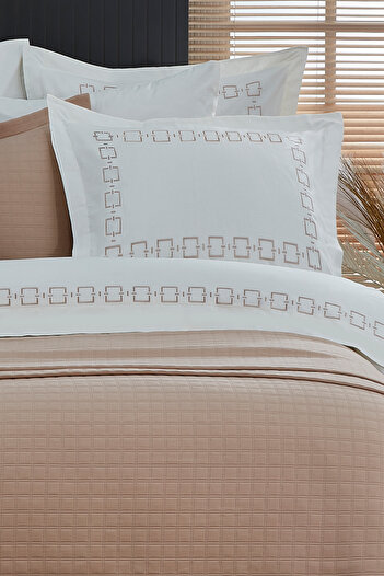 Evlen Home Collection 100% Cotton Embroidered Danilo Duvet Cover Pique Bedspread Dowry Set Hotel (9 PIECES) Cream/ Beige