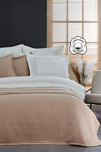 Evlen Home Collection 100% Cotton Embroidered Danilo Duvet Cover Pique Bedspread Dowry Set Hotel (9 PIECES) Cream/ Beige