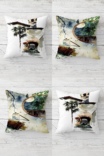 on the clouds Landscape Themed Birds Houses Pattern Hidden Zippered Throw Pillow Cover Seat Pillow Case Set(4PCS)