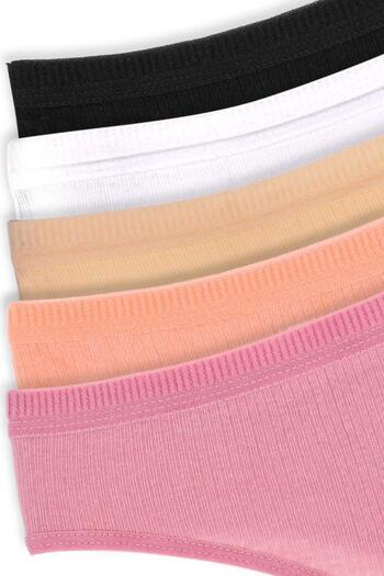 Humaone Pack of 5 Corded 100% Cotton Thong Panties Black, White, Skin, Dried Rose, Baby's Mouth
