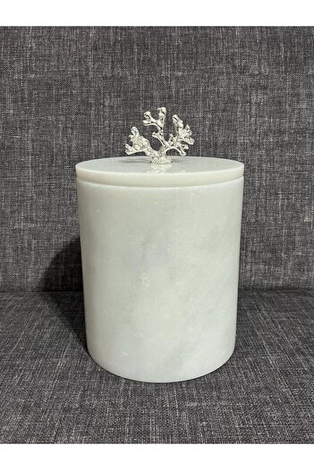 ATAY MERMER TASARIM White Marble Trash Can, Silver Coral Accessories, Stylish and Elegant Design