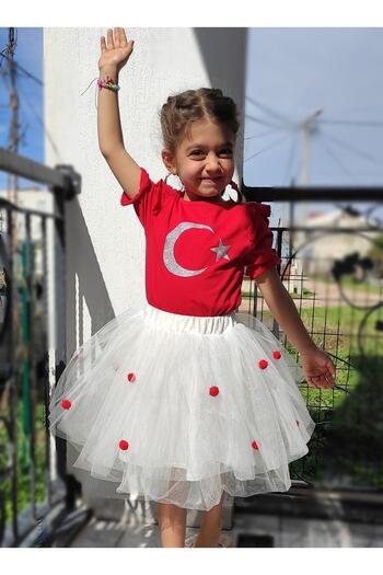 Novy Baby 23 April Turkish Flag Shoulder and Sleeve Ruffle T-Shirt for Girls - 2-9 Years - Red Gray Glitter - 2088