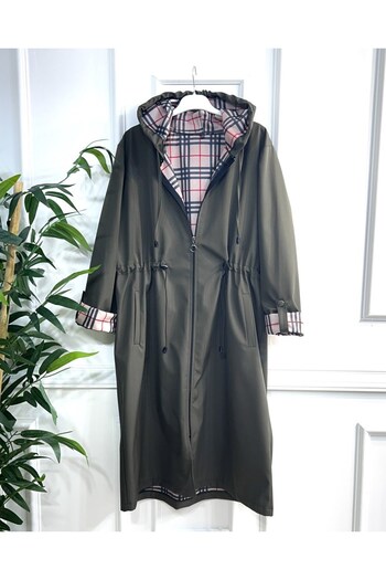 Aşkı Endam October Intermediate Double Sleeve Plaid Patterned Bondit Hooded Trench Khaki