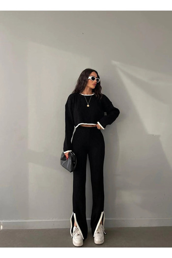 Masi Design Set de tricotaje negru supradimensionat cu fantă detaliată pentru gâtul turn