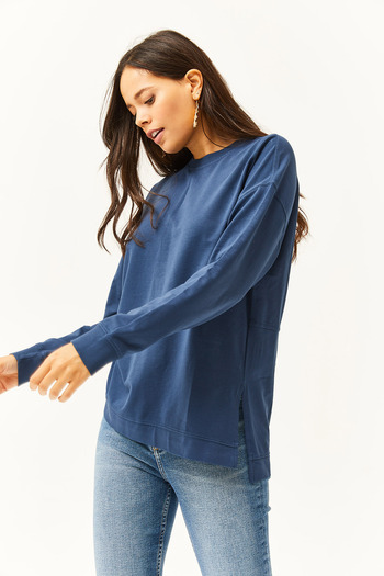 Olalook Women's Indigo Side Slit Printed Pieced Oversize Sweatshirt SWT-19000631