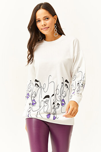 Olalook Women's White Face Figured Oversize Sweatshirt SWT-19000632