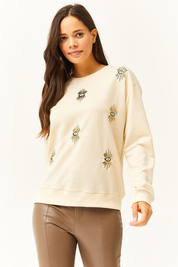 Olalook Women's Beige Eye Embroidered Seasonal Sweatshirt SWT-19000598