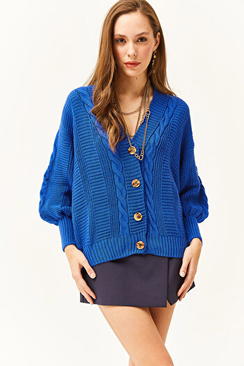 Olalook Women's Saks Blue Thick Hair Braided Knitwear Cardigan HRK-19000082