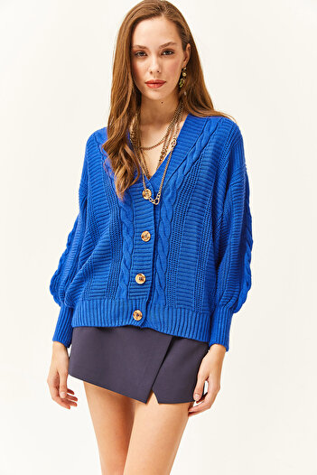 Olalook Women's Saks Blue Thick Hair Braided Knitwear Cardigan HRK-19000082