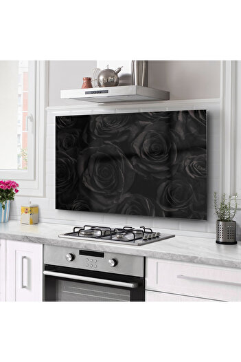 Olinpa Glass Stove Back Protector Countertop Built-In Back Protector 76X49,5 cm |   Black Roses
