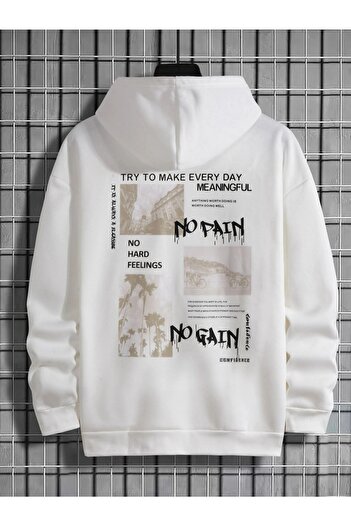 Black Sokak Λευκό No Pain No Gain Φούτερ με στάμπα Oversize με κουκούλα