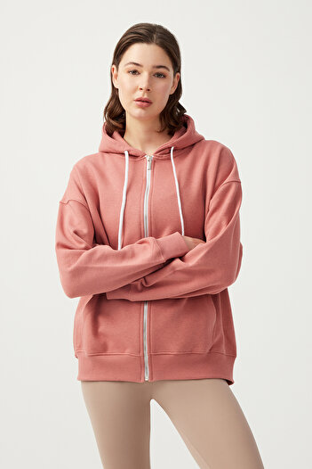 Los Ojos Γυναικείο μπλουζάκι Dusty Rose White Hooded Πλεκτό Φούτερ με φερμουάρ Oversize με ριμπ φερμουάρ