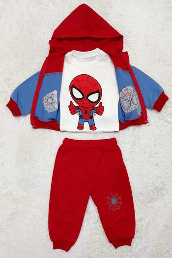 krm kerem bebe Baby Spider-Man Kapüşonlu Fermuarlı Hırkalı 3Lü Takım